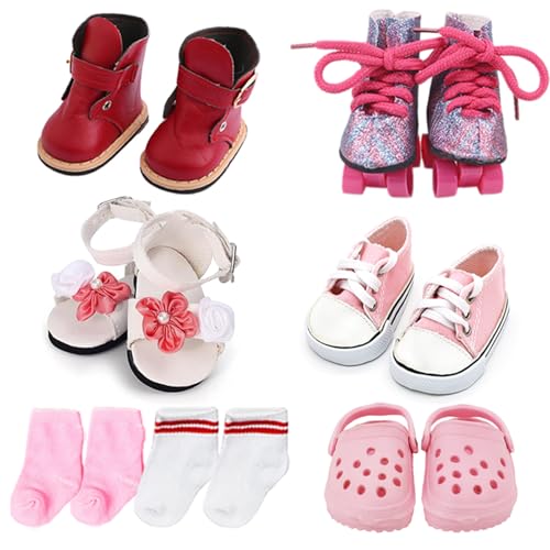 18 Inch Doll Shoes - 5 Pairs of Different Types (Boots/Sneakers/Roller Skates/Sandals/Clogs) + 2 Pairs of Socks - Pink/White - Solid - Mixed Themes - Doll Clothing - 1 Count