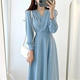 Women Korean Chic Vintage Dresses V-Neck High Waist Thin Elegant Temperament Long-Sleeved Knee-Length Dress Apricot XL