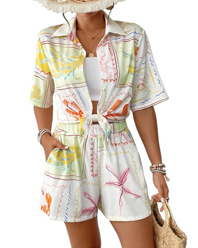 Bsubseach 2 Piece Short Sets for Women Tropical Printed Short Sleeve Button Down Shirt and Shorts Summer Beach Vacation Set White L