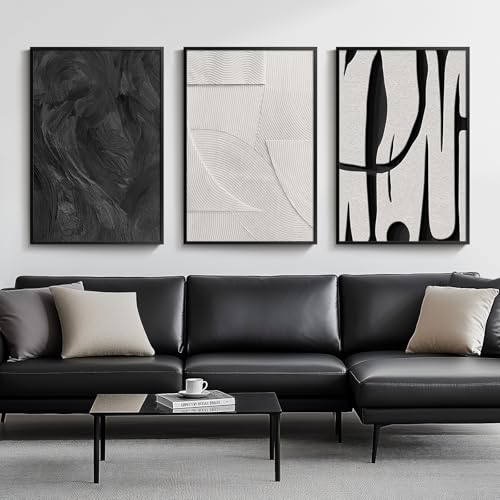 Large Framed Black and White Abstract Wall Art for Living Room, 3 Piece Big Modern Canvas Prints Paintings Artwork for Walls, Minimalist Abstract Art Pictures for Hallway, Office Wall Decor 24x36 Inch