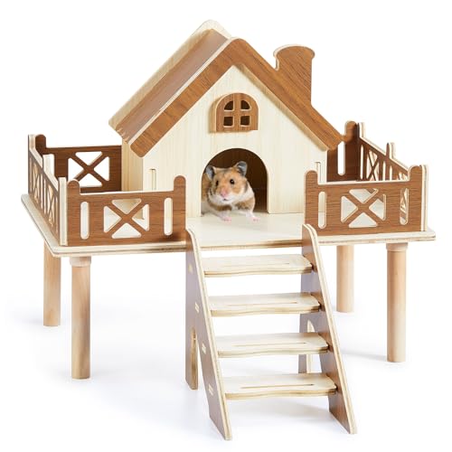 Wooden Hamster Platform and Dwarf Hamster House, Hamster Cage Platform With Climbing Ladder, Cute Syrian Hamster Hideout, Hamster Cage Accessories Platform for Putting Food Bowl, Hamster Gerbil Castle