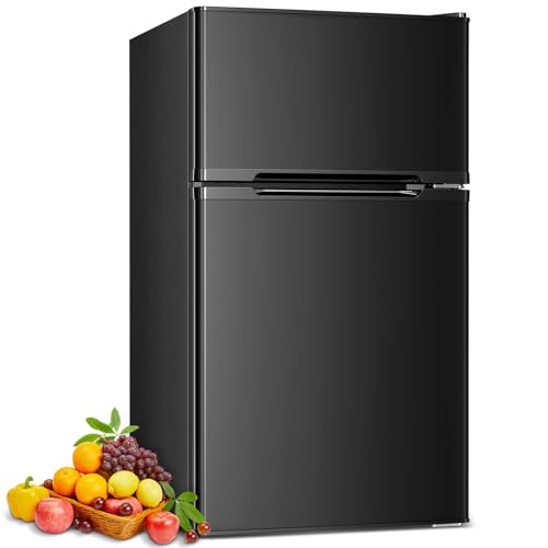 COWSAR 3.2 Cu.Ft Mini Fridge with Freezer, Double Door Compact Mini Fridge for Bedroom, Adjustable Thermostat, Energy-efficient Low Noise Small Refrigerator For Dorm, Office, Bar, RV, Bedroom