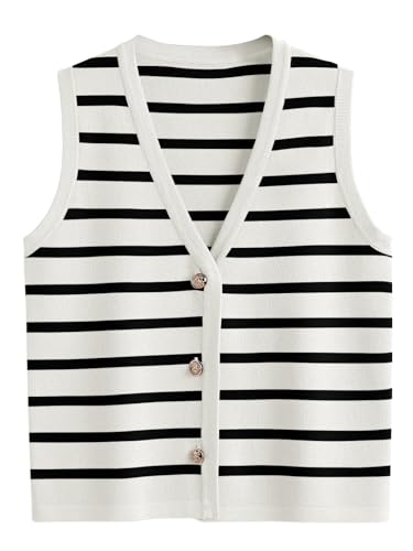 LILLUSORY Vest Tops for Women Striped Sweater Vest 2025 Summer Crochet Cropped Button Up Work Tank Top Outfits Clothes WhiteBlack M