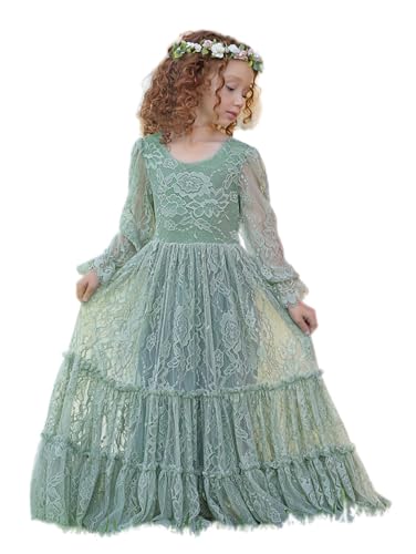 LalaMira Flower Girl Dress Lace Boho Toddler Dresses Ruffle Girl Dress for Wedding Garden Party Holiday Communion Long Sleeve Sage Green-5 Years