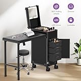 EASYINBEAUTY Rolling Portable Manicure Table with 3 Drawers, Mirror & Nail Polish Organizer, Lockable Makeup Train Case with Foldable Nail Desk, Cosmetic Travel Case for Workstation Mobile, Nail tech