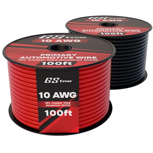 GS Power 10 Gauge Stranded Flexible Copper Clad Aluminum CCA Primary Automotive Wire for Car Audio Video Amplifier 12 Volt Trailer Harness Hookup Drone Model Train Wiring. 100ft Red & 100 ft Black