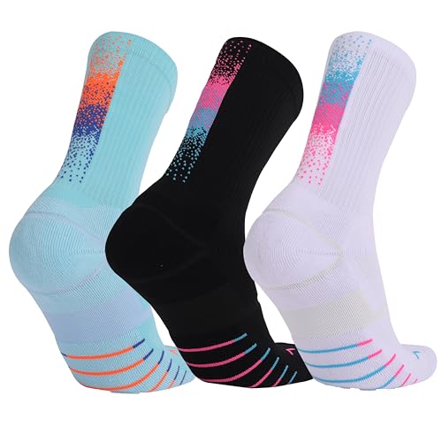 AnsrJ Basketball socks for Men or Women,Elite Athletic Cushion Crew Socks with Arch Compression 3-Pack
