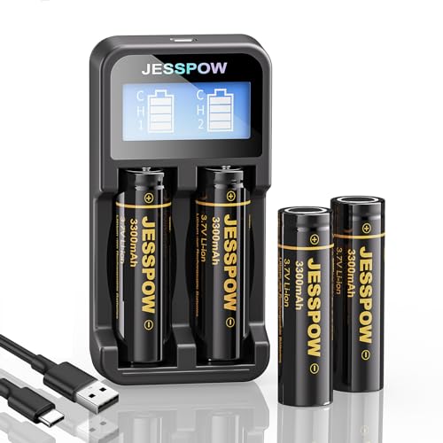 4 Pack 18650 Rechargeable Battery with Charger 3.7V 3300mAh Flat Top, Batteries for Headlamps, Flashlight, Camera, Small Fan, Outdoor Garden Lights