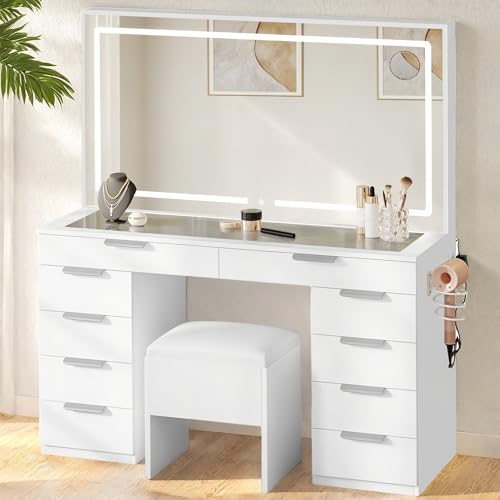 YITAHOME Vanity Desk with Large Mirror & 3-Color Light Bulbs, Wide Glass Top Makeup Vanity with Charging Station, 10 Drawers