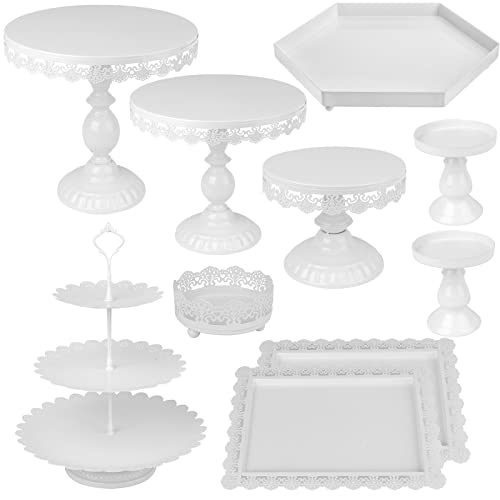 ZOOFOX Set of 10 Metal Cake Stands, Cupcake Holder Fruits Dessert Snack Plate Decor Serving Platter for Baby Shower, Wedding, Birthday Party or Christmas (White)