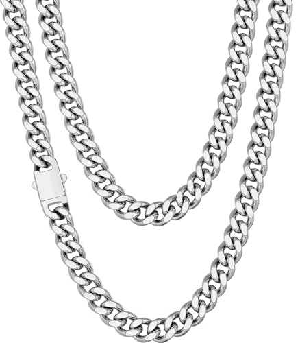 Fiusem Silver Tone Chain Necklace for Men, 7.5mm Silver Colored Stainless Steel Cuban Link Chain Necklace, Men's Chains 20 Inch