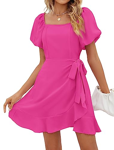 SAMPEEL Cute Dresses for Women Casual Summer Tie Side Flowy Honeymoon Dress Hot Pink L