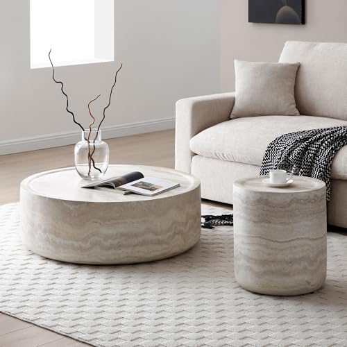 Modern Round Coffee Table Set of 2 for Living Room, Circle Coffee Table Side Table Set, Faux Mars Marble Pattern Center Table End Table Set for Apartment