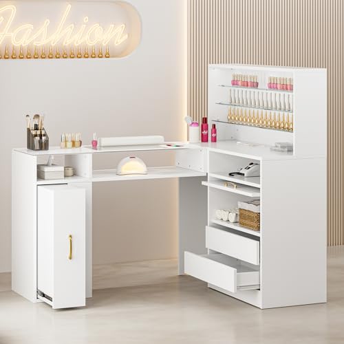 Belandi L-Shaped Manicure Table with Shelves, Glass Top Nail Table Station Acetone Resistant w/Storage Drawers, LED Lights, Cabinet, Wrist Cushion & Gold Handles(White)