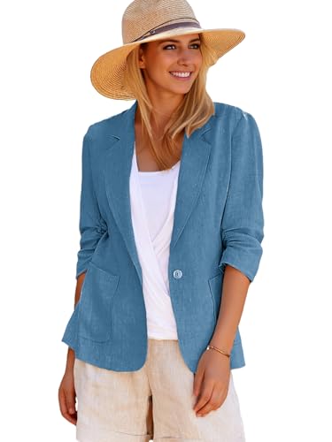 Linen Blazer Jackets for Womens Lightweight Blazers for Women Business Casual 3/4 Sleeve Cotton Fashion Dressy Coat Petite Summer Fall Outfits Clothes for Womens 2025 Blue XL