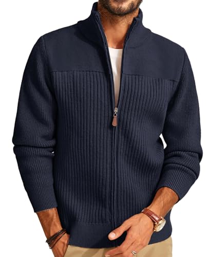 PJ PAUL JONES Mens Sweaters Cardigan Stand Collar Cardigan with Zipper Casual Ribbed Textured Long Sleeve Cardigan Navy Blue M