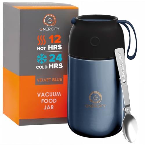 Vacuum Insulated Food Jar. Large 24oz Bowl incl. Folding Spoon, Cup. Wide Mouth Thermos Keep Hot & Cold Drinks Soup Thermo Lunch Container for Adults. BPA-Free Stainless Steel, Leak Prooff Velvet blue