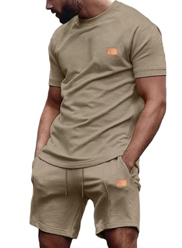 Dokotoo Men Mens Fashion Outfits Athletic Workout Sets for Men 2 piece T Shirts and Shorts Set Casual Tracksuits Set with Pockets Khaki Large