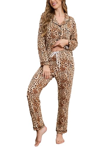 Yoolfine Pajamas for Women Soft Long Sleeve Pjs Comfy Cheetah Print Pajamas Button Down Sleepwear, Leopard, Small