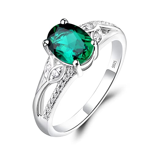 LuoJewelry LUO 925 Sterling Silver Oval Shaped 1.13 CT Created Emerald Ring Leaf Engagement Ring May Birthstone Ring for Women US Size 7