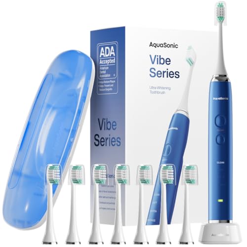 Aquasonic Vibe Series Ultra-Whitening Toothbrush – ADA Accepted Electric Toothbrush - 8 Brush Heads & Travel Case – 40,000 VPM Motor & Wireless Charging - 4 Modes w Smart Timer – Sapphire Blue