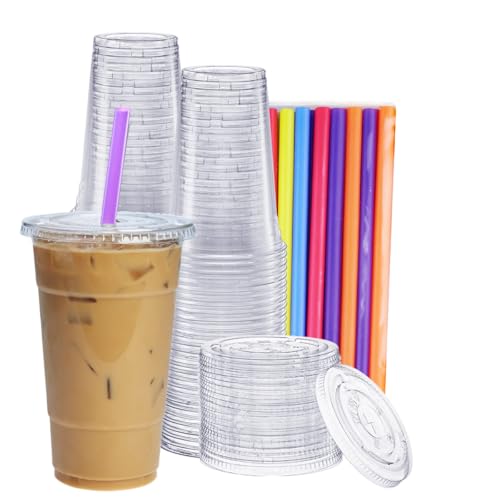 Comfy Package [24 oz. - 100 sets Clear Plastic Cups With Flat Lids & Straws - Disposable Clear Drinking Cups For Iced Coffee, Cold Drinks, Milkshakes, and Smoothies