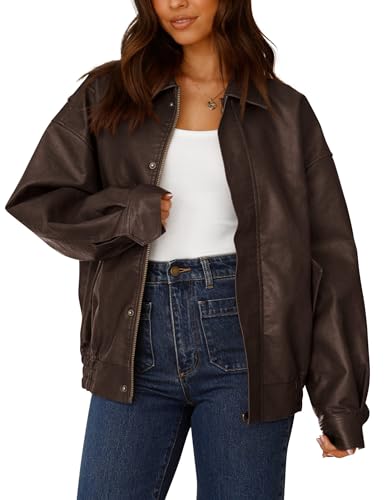 PRETTYGARDEN Women's Faux Leather Motorcycle Jacket Trendy Fall Spring Clothes Oversized Zip Up Winter Coat Outerwear (Dark Coffee,Large)