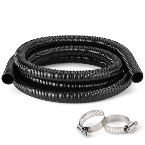 1 Inch Pond Tubing – 10ft Flexible PVC Corrugated Pond Hose with 2 Stainless Steel Hose Clamps, Kink-Proof Black Plastic Pump Tubing for Garden Ponds, Waterfalls, Filters & Drainage