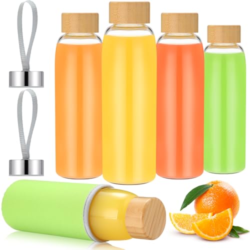 Vesici 4 Pcs 18 Oz Glass Water Bottles Reusable Glass Juice Bottles with Bamboo Lid, Protection Sleeve, Stainless Steel Leak Proof Lid - Glass Bottle for Milk Smoothie Juice Beverage Tea