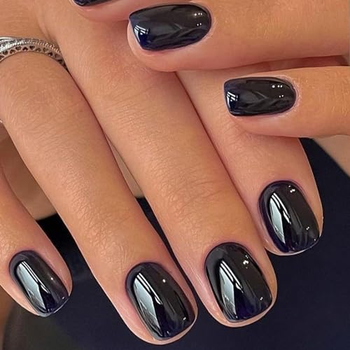 GLAMERMAID Extra Short Press on Nails, Pure Black Fake Nails Short Squoval, Natural Round Square Glue on Nails Glossy Gel, Acrylic Dark False Nail Kits for Women, Reusable Stick on Full Cover Nails