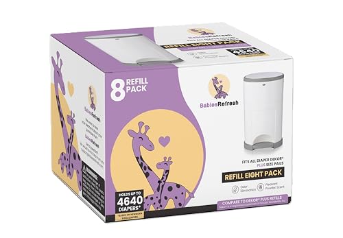 BabiesRefresh Refills Compatible with DEKOR PLUS Diaper Pail Refills | 8 Pack | Diaper Pail Odor Eliminator| Fresh Powder Scent | Each Diaper Bag Refill Holds up to 4640 Diapers | Diaper bin refill