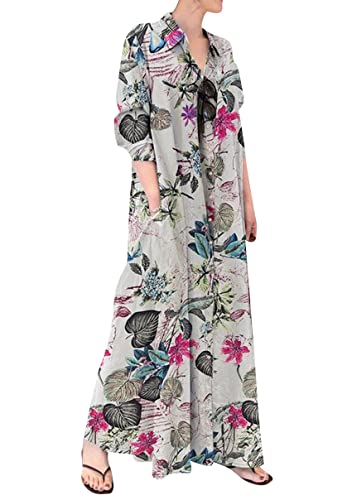 YMING Women's Button-Down Long Shirts Dress Retro Linen Blouse Dress Long Sleeve Loose Fit Maxi Dresses Floral White S