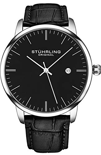 Stuhrling Original Mens Classic Dress Wrist Watch - Black Leather Strap Minimalist Analog Watch with Date