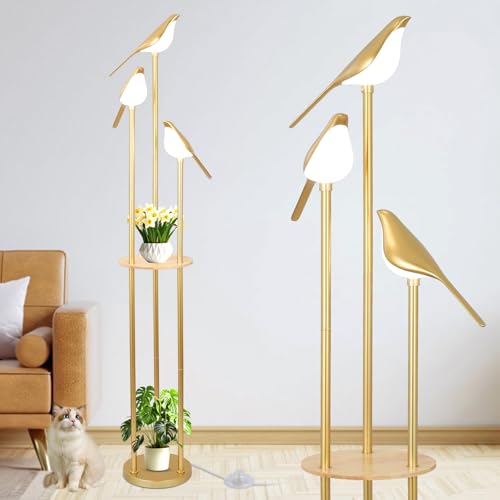 Gold Floor Lamps for Living Room, Modern Floor Lamp with Shelves, Mid Century Standing Lamp with 3 Adjustable LED Bird Lights, Corner Tall Lamp with table, Brass Stand up Lamp for Bedroom Kids Room