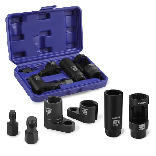 WORKPRO 6PCS O2 Oxygen Sensor Socket, Automotive 3/8" 1/2" Drive x 1-1/16" 7/8" 27mm 22mm O2 Sensor Socket Removal Tool and Thread Chaser Set, for Oil Pressure Vacuum Thermal Oxygen Sensors