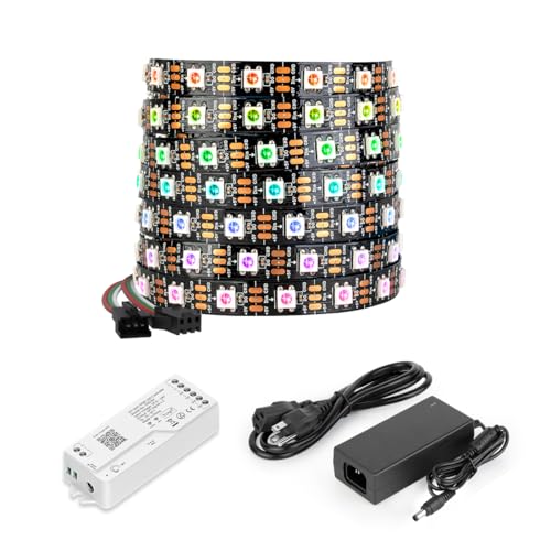 BTF-LIGHTING WS2812B ECO LED Strip,5050SMD Individually Addressable 16.4FT 60LED/m IP65 DC5V Black PCB,2.4G WiFi DR03W SPI Tuya APP/Smart Life/Google Home/Alexa Controllor,DC5V10A Max50W Power Supply