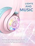 iClever Cat Ear Kids Bluetooth Headphones, LED Lights Up, 74/85dBA Safe Volume Limited, 50H Playtime,Bluetooth 5.2, USB C, Kids Headphones Wireless for Travel iPad Tablet, Meow Macaron Pink