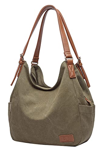 Worldlyda Women Canvas Hobo Purse Multi Pocket Tote Shopper Shoulder Bag Casual Top Handle handbag with Embroidery Ethnic BE06Army Green