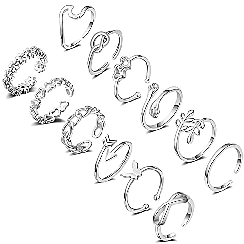 TOBENY 12PCS Adjustable Open Rings for Women 14K Gold Silver Plated Knot Arrow Heart Wave Butterfly Stackable Thumb Knuckle Rings Set