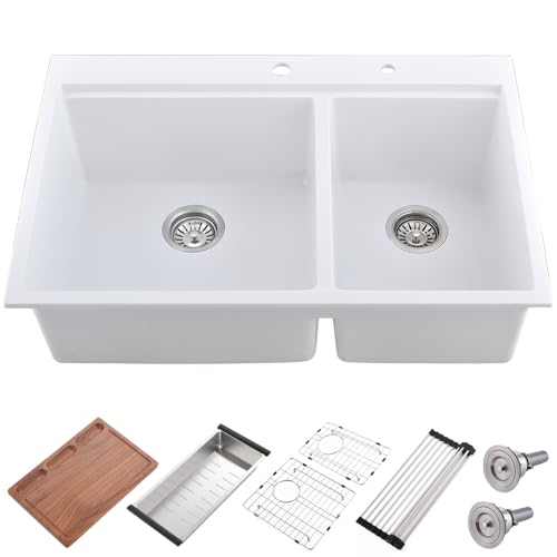 33 Inch Drop In Double Bowl Kitchen Sink Workstation-iAnomla 33x22 White Kitchen Sink Drop In Top Mount Quartz Composite Sinks 60/40 Double Bowl with Cutting Board