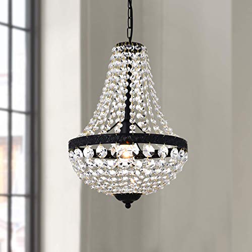 Bestier Modern French Empire Black Finish Farmhouse Crystal Pendant Chandelier Lighting LED Ceiling Light Fixture Lamp Dining Room Bathroom Bedroom Livingroom 1E26 Bulbs Required H18 in X D12 in