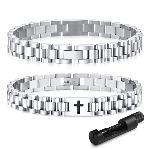 VNOX Silver Cross Bracelets for Men, Cool Mens Stainless Steel Metal Chain Link Jesus Christian Bracelet for Men, Religous Faith Jewelry Baptism Easter Confirmation Christmas Gifts Ideas for Men Women Teen,Adjustable