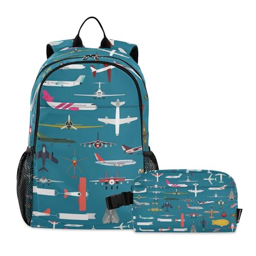 Jucciaco Airplane Plane and Aircraft Backpack with Lunch Bag, School Travel Backpack for Teens Boys Girls Kids Backpacks Set
