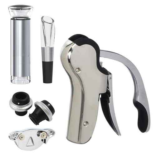 KEISSCO Stainless Steel Wine Opener Set - Compact Vertical Corkscrew Wine Bottle Opener Gift Set with Foil Cutter, Aerator Pourer, Vacuum Pump and 2 Wine Stoppers, Wine Gift Set for Home Party Bar