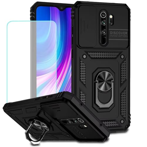 Vokuha Case for Redmi Note 8 Pro Case, M1906G7I Case with Tempered Glass Screen Protector and Slide Camera Cover, 360° Rotate Ring Stand Magnetic Cover for Xiaomi Redmi Note 8 Pro Black