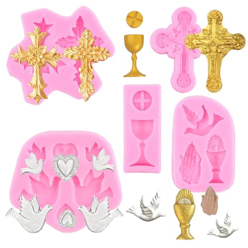 Aramola Crosses Silicone Mold Baptism Cakes Mold Communion Chalice Dove Fondant Molds for Chocolate Baptism Party Cakes Decoration Gum Paste Candy Set Of 5