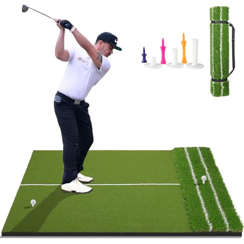 DCQ Real Feel 5x4ft Golf Hitting Mat, Large Golf Mat, Dual Turf, Fairway & Rough Artificial Grass, Golf Practice Mat Indoor & Outdoor Use, Driving & Chipping Pad with Cushion, Golf Simulator Mat