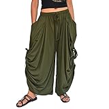 Sakoonee Women's Harem Pants Palazzo Dhoti Lounge Trousers, Convertible to a Skirt 2 Pockets Cotton, One Size, Elastic Waist Olive