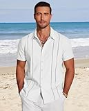 COOFANDY Mens Linen Shirts Short Sleeve Casual Button Up Shirts Loose Fit Beach Summer Shirts A-White