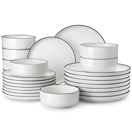 MALACASA Plates and Bowls Sets, 24 Pieces Modern Porcelain Dinnerware Set for 8 White Kitchen Dinner Dining Ware Set wtih Black Rim Ceramic Dishware Dishes Microwave and Dishwasher Safe, Series LUNA